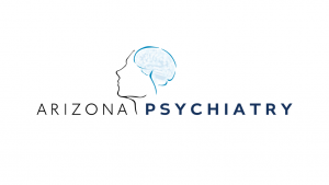 This is the Arizona Psychiatry logo , it is stenciled words Arizona Psychiatry with a face and a brain in the background.